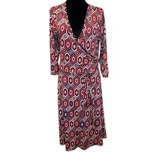 Anthropologie Maude Wrap Dress L Red White Geometric Belt Midi 3/4 Sleeves EUC